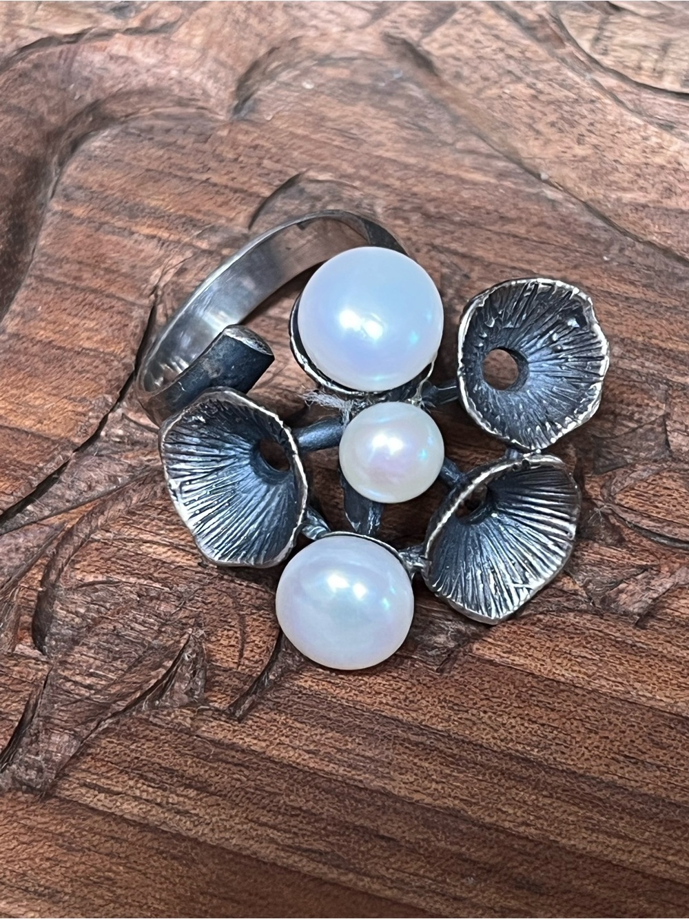 Handcrafted Silver 950 Ring Set with Pearls and Sea Barnacles